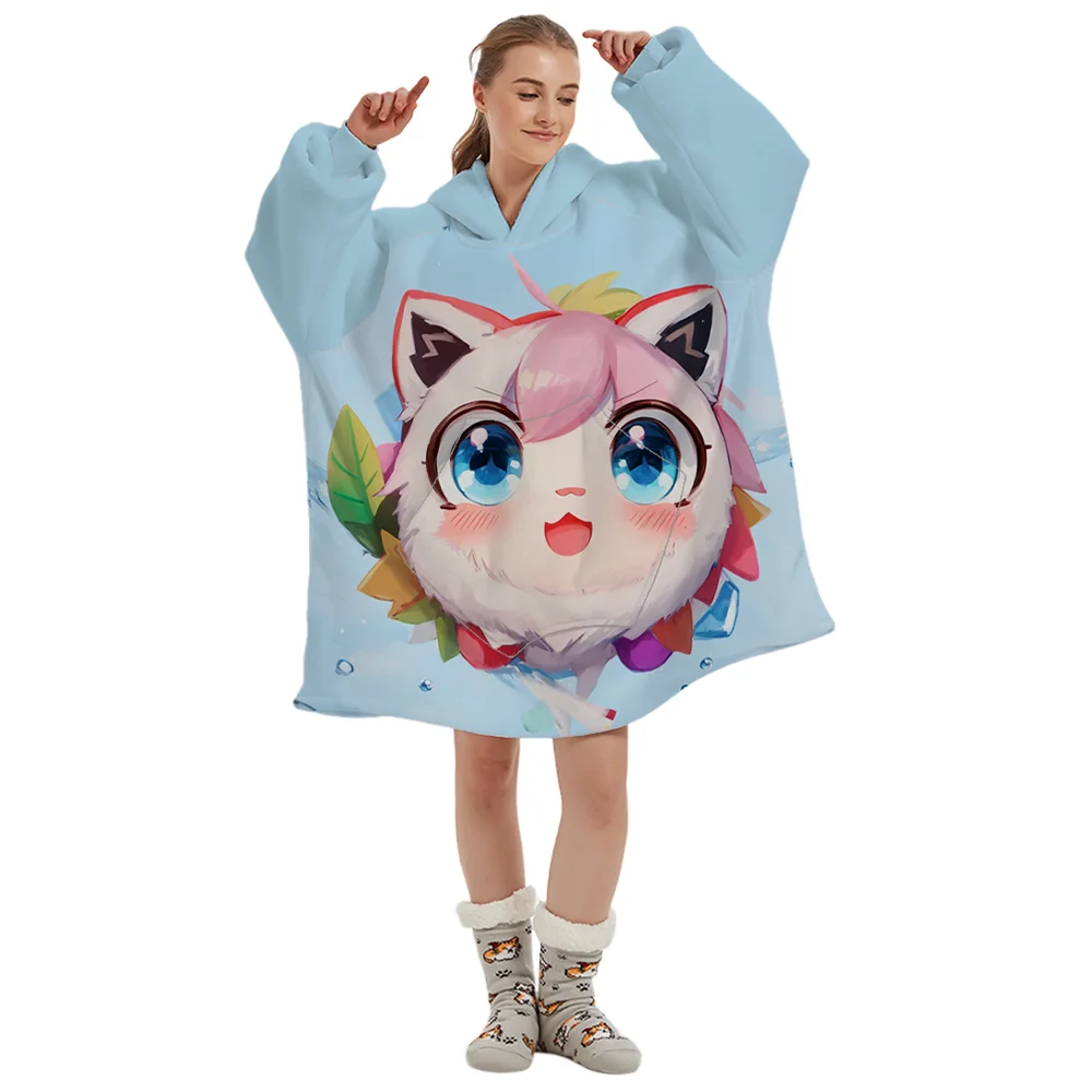 Customized Anime Printed Lovely Pink Elf 230gsm Thick Warm Flannel Fleece Hoodie Blanket with Patent Pockets and Sleeve
