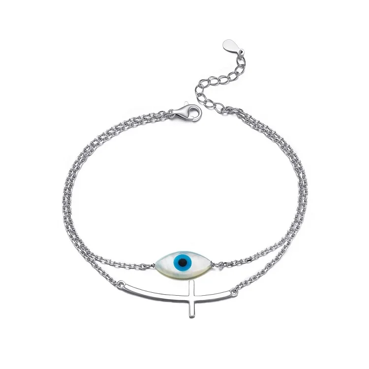 925 Sterling Silver Evil Eye Bracelet For Women Sterling Silver Double Layer Cross Turkish Blue Eye Link Bracelets
