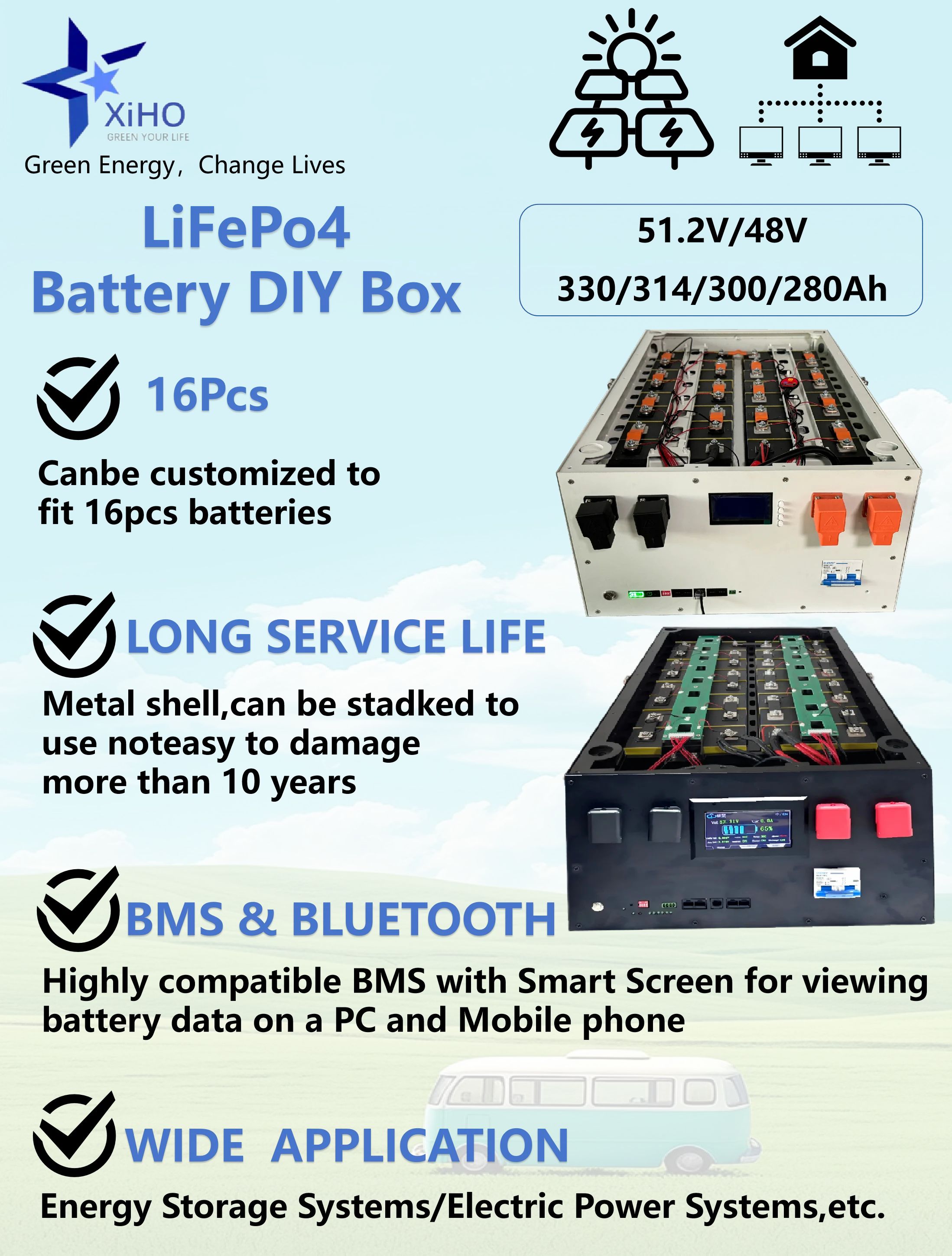 Xiho Solar 51.2V 48V Lithium Battery 280Ah 300Ah 14kwh 15kwh LiFepo4 Lithium Battery With WIFI BLUETOOTH APP for Monitoring