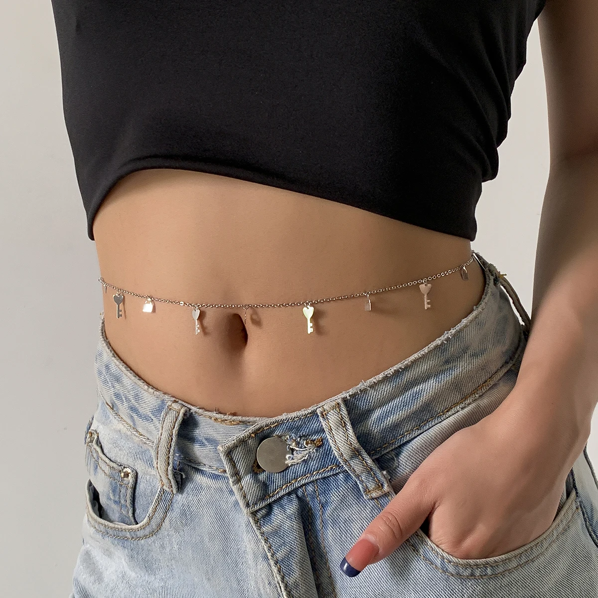 SHIXIN Bikini Lock Key Padlock Pendant Waist Chain Dainty Keychain Beaded Belly Gold Silver Women Body