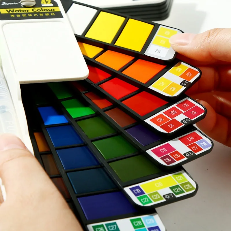 Superior Portable 18/25/33/42 Watercolor Paint With Water Brush, Fan Shaped Thin Solid Watercolor Painting Set