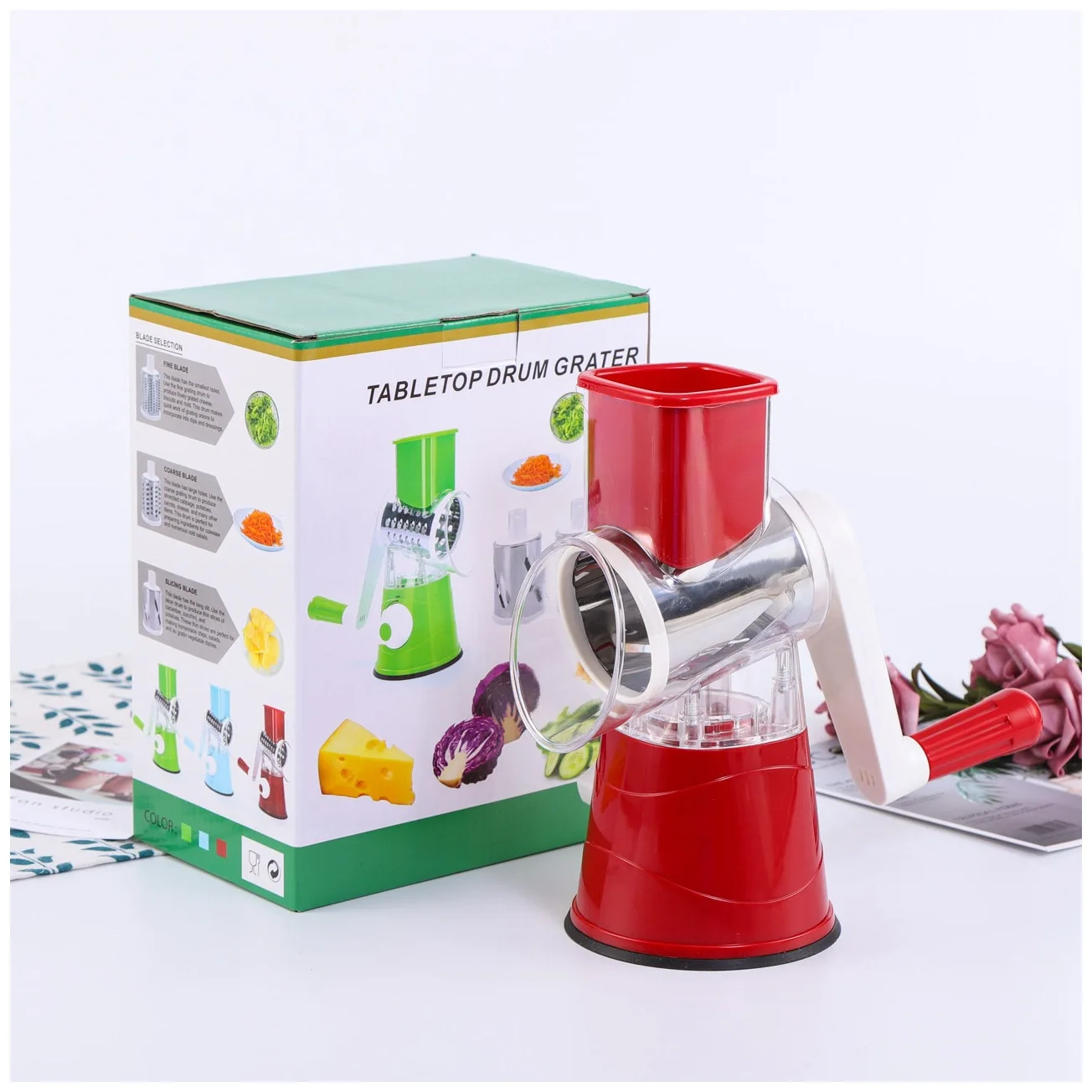 Rotary cheese grater 3 drum blades manual vegetable slicer walnuts grinder cheese shredder kitchen vegetable cheese grater