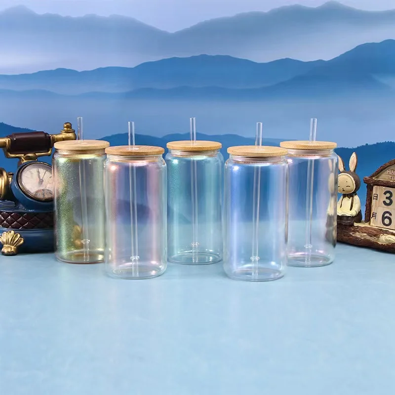 Drinking Glasses with Bamboo Lids and Glass Straw,16oz Can Shaped Glass Cups Beer Glasses,Glitter Iced Coffee Glasses