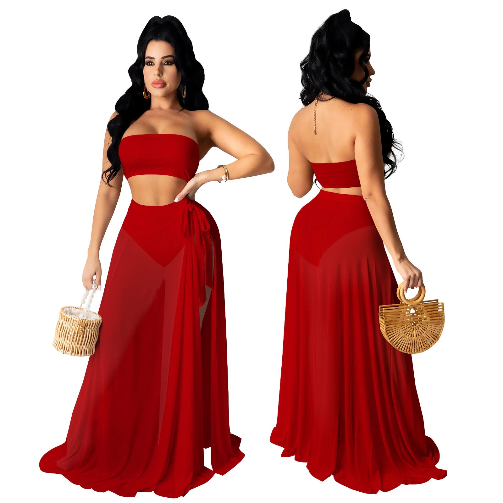 Foma 2023 solid color mesh see through tong top two piece summer sets for women vacation two piece set