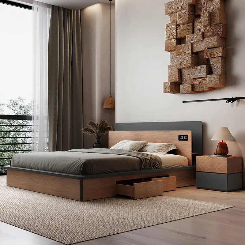 Modern Bedroom Furniture Sleep Storage Wooden Platform King Size Bed Frame Hotel Double Bed Base With Drawer