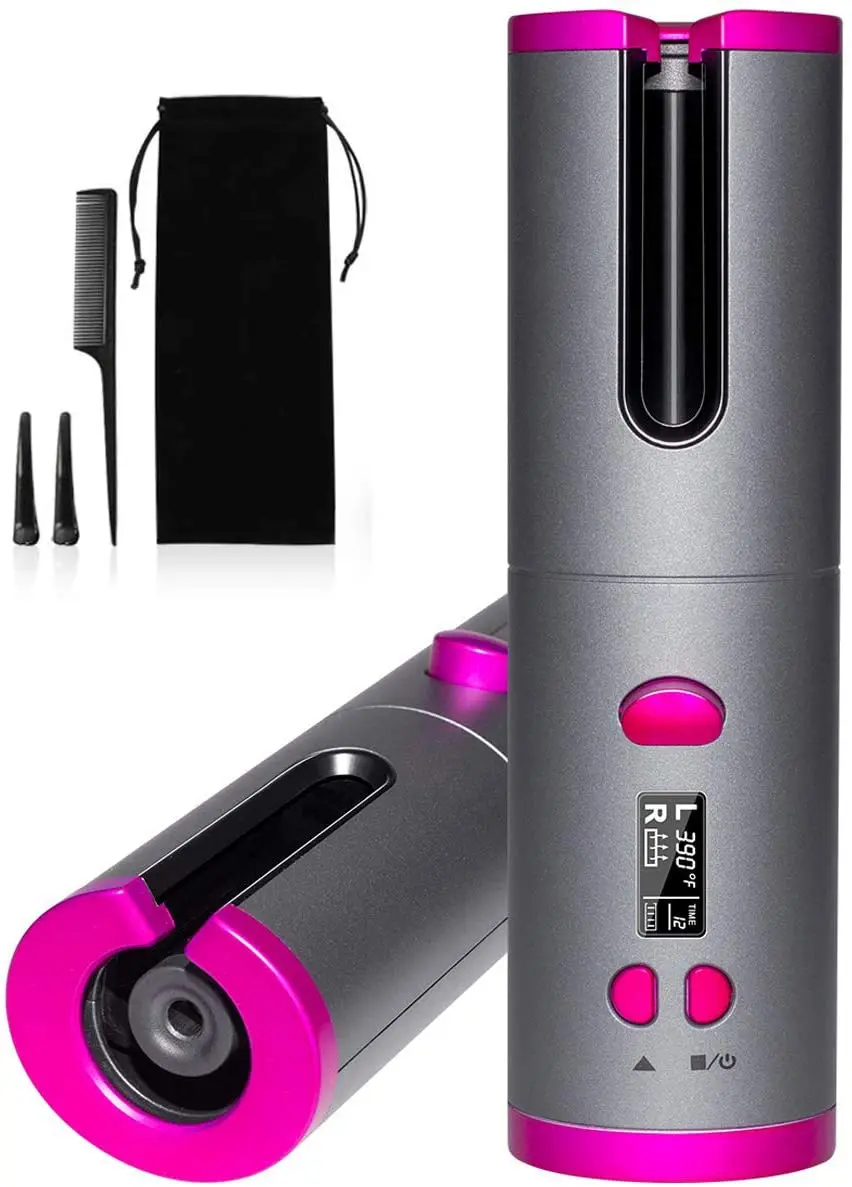 USB Rechargeable Wireless Automatic Hair Curler, LCD Display Hair Curler Auto Design Rotating Curling Iron Automatic Wand Roller