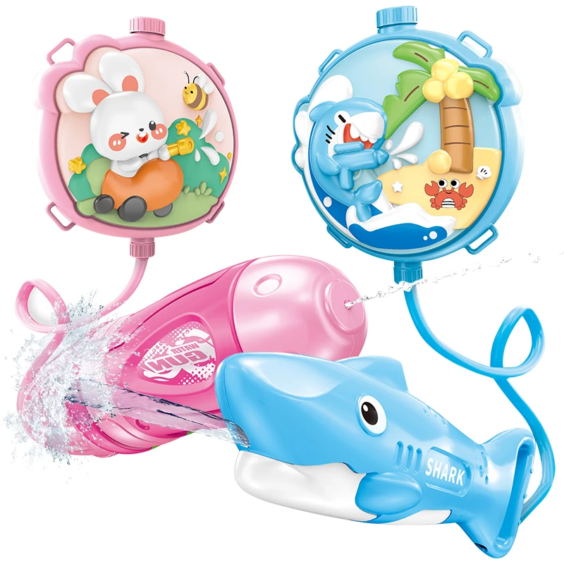 Kids Cartoon Shark Water Blaster Outdoor Party Activities Interactive Water Fight Game Plastic Spray Water Toy Gun with Backpack