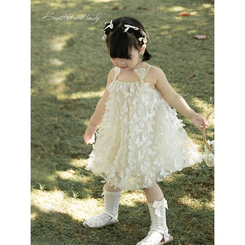 YOEHYAUL Boutique Girls Summer Dresses 2-12 with Bows 3D Butterfly White Sleeveless Strap Princess Child Lace Dress Kids