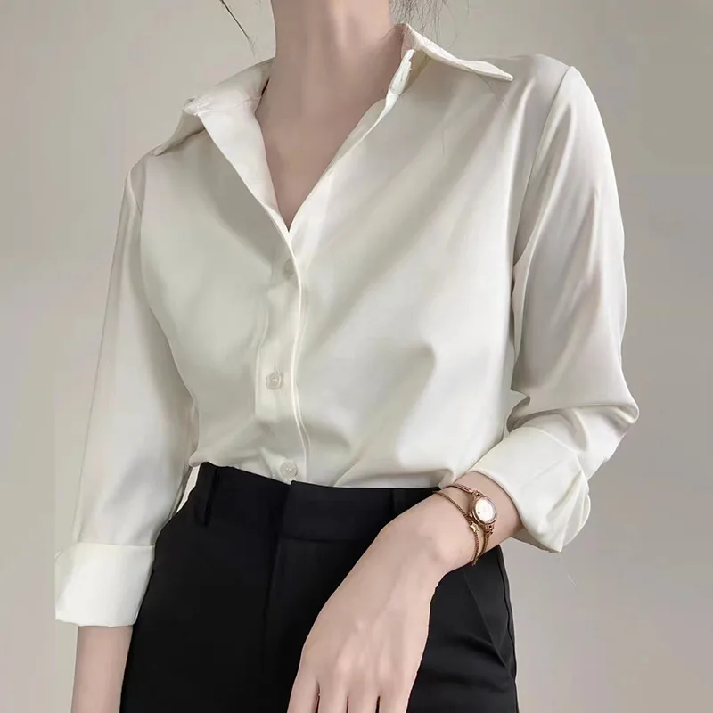Multi Colors Vintage Style Office Striped Shirts for Women Casual Black Long Satin Shirts