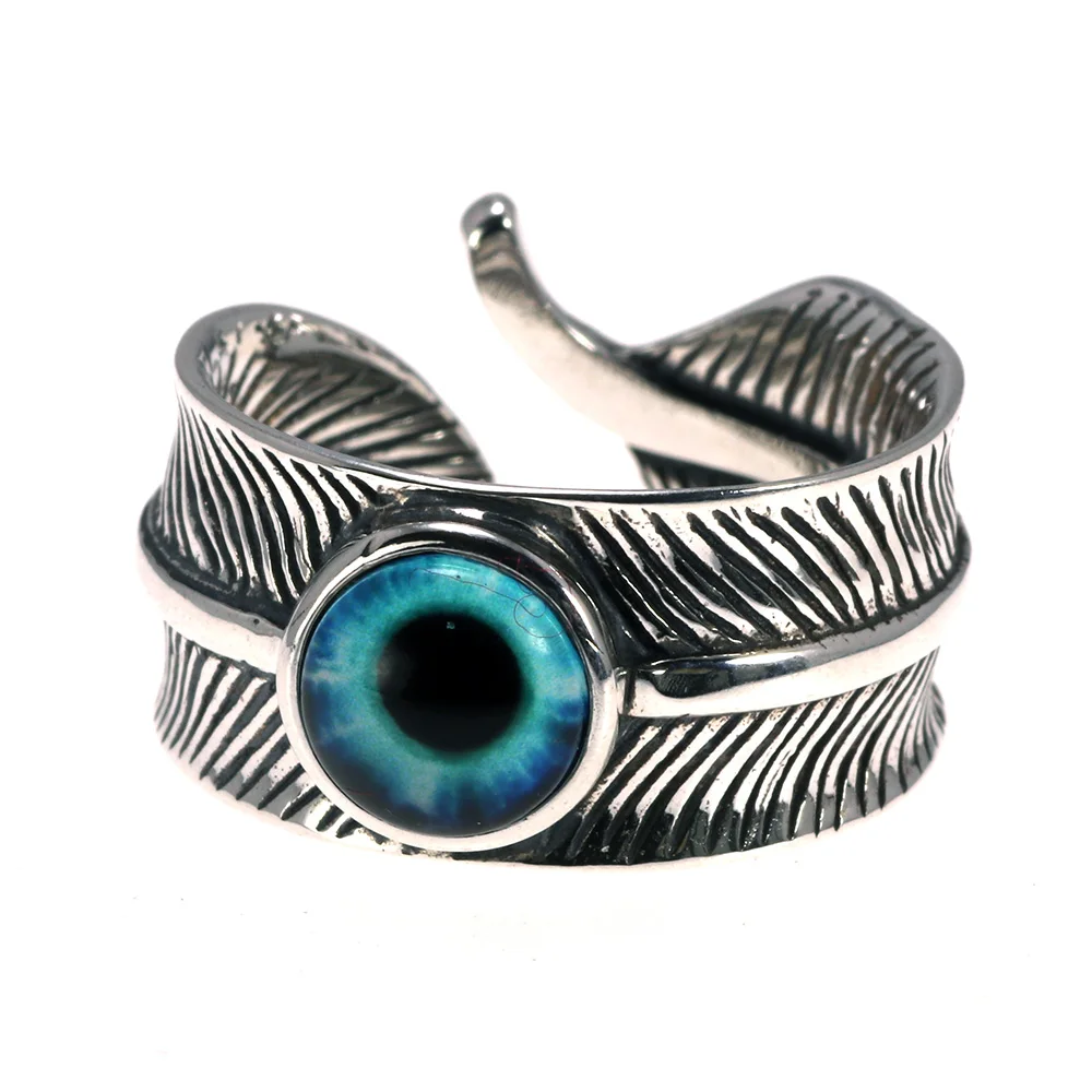 Sterling Silver 925 Feather Evil Eye  Resin Ring with Demon Eye for Men And Women  Not Allergic Retro Punk Rock Opening Rings
