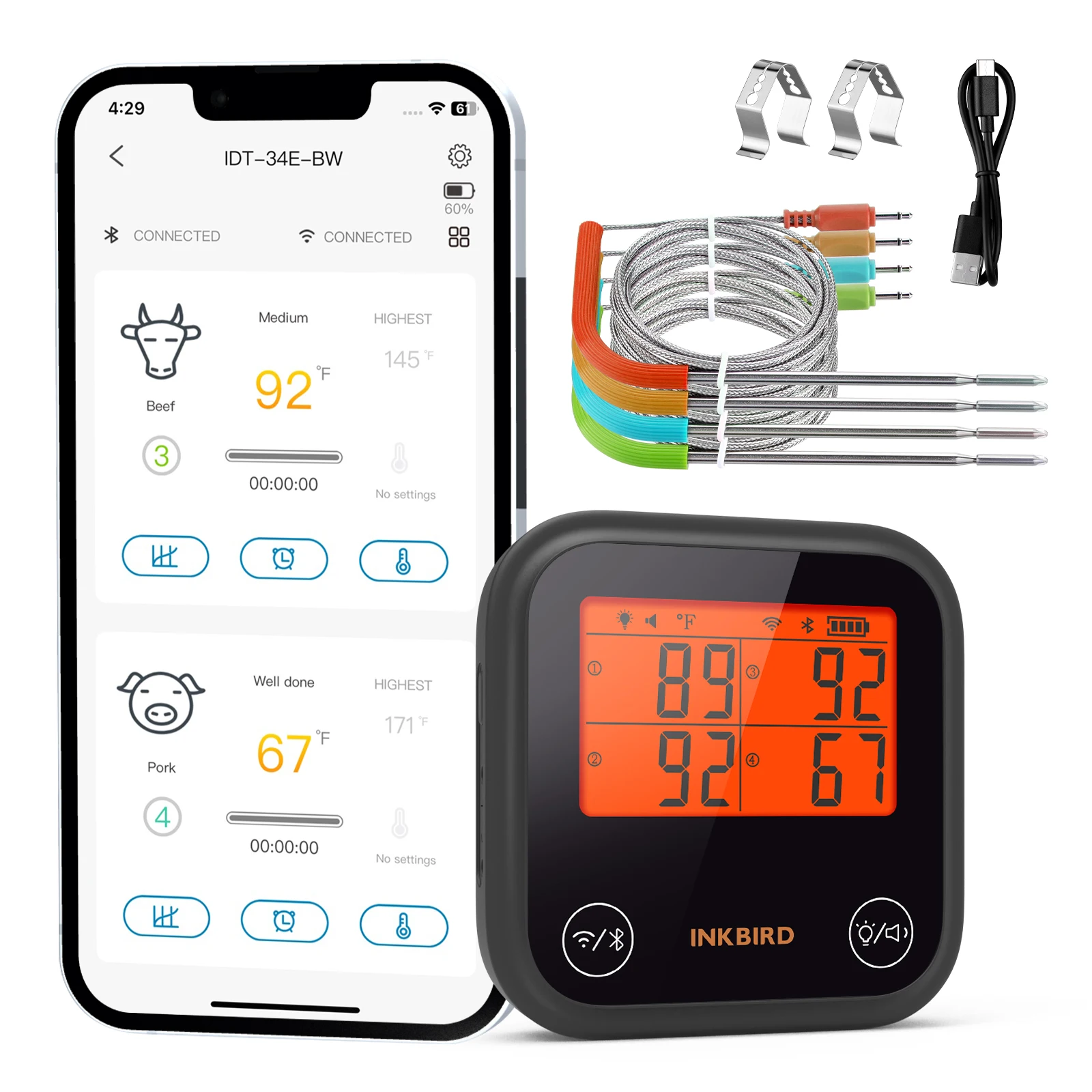 INKBIRD IDT-34E-BW Wireless BLE and WiFi Thermometer Wireless Meat Thermometer Food Thermometer BBQ Oven Grill Smoker