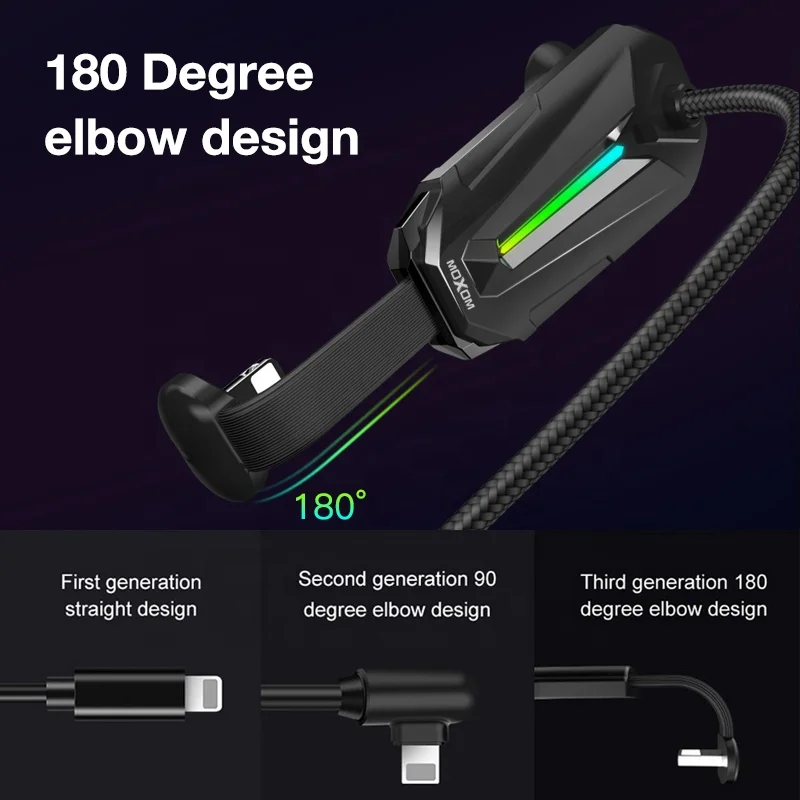 90 Degree Charging Cable Elbow MOXOM Gaming Cable 7 Color Breathing LED Lamp Phone Cable