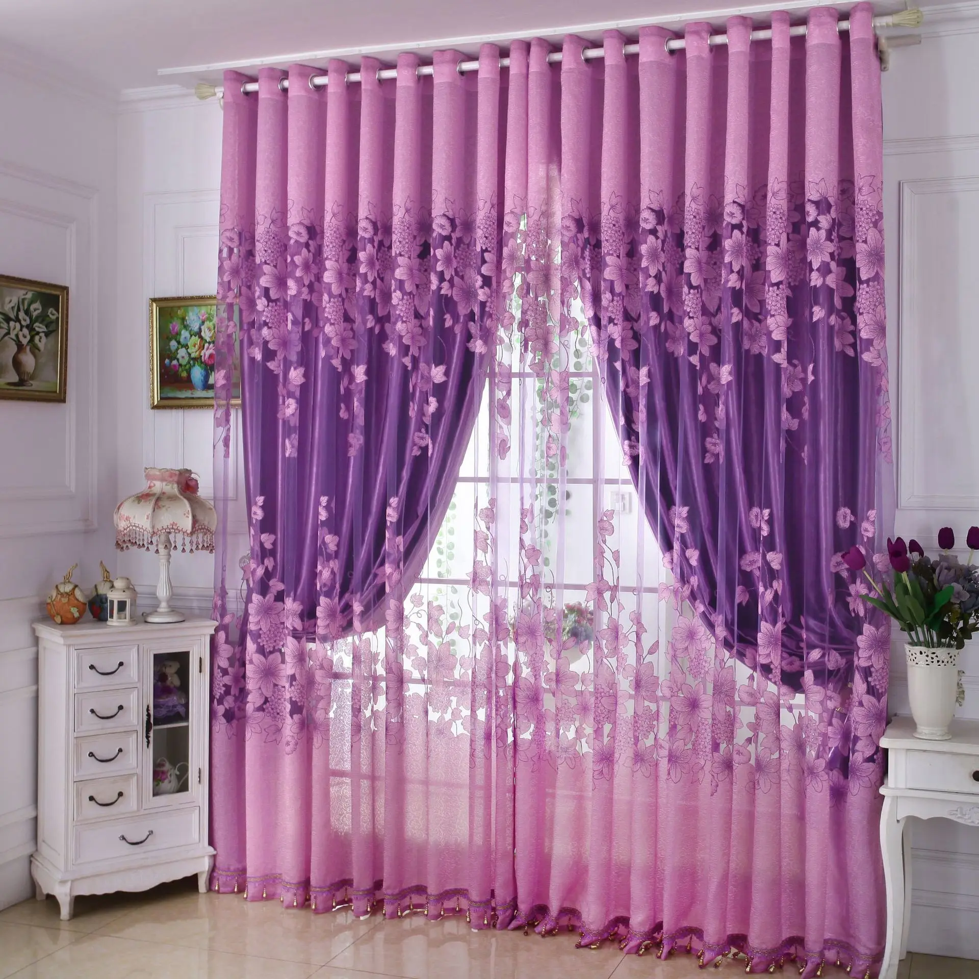 American Styles Macrame Double Layer Bedroom Window Sheer Drapes Burnout Print Blackout Curtain For Living Room Ready Made