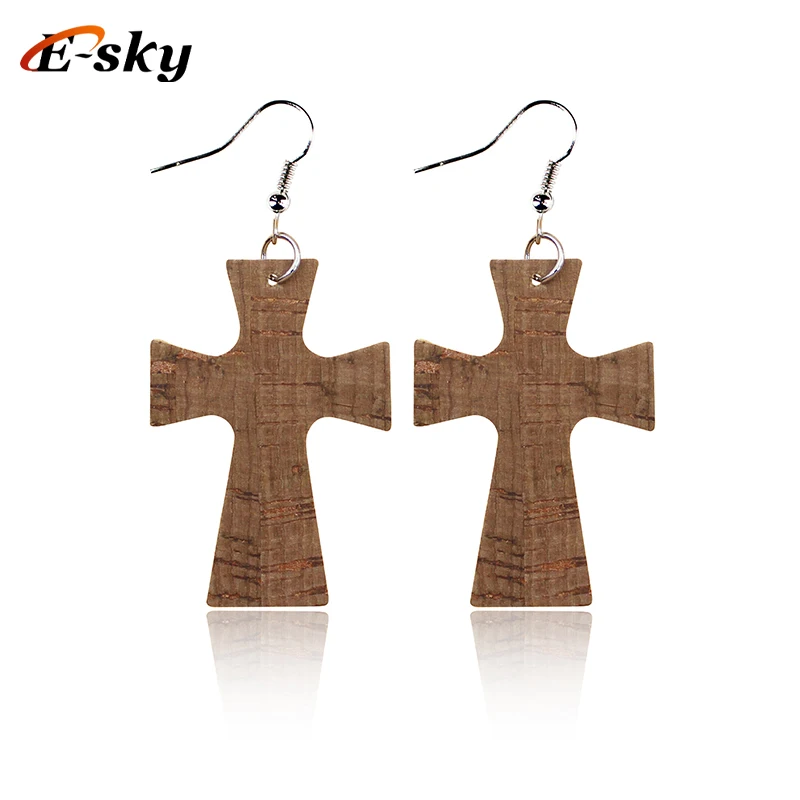 Exotic Cross Earrings Women Lychee Pattern Cork Wood Plaid Weave Pattern Leather Earrings
