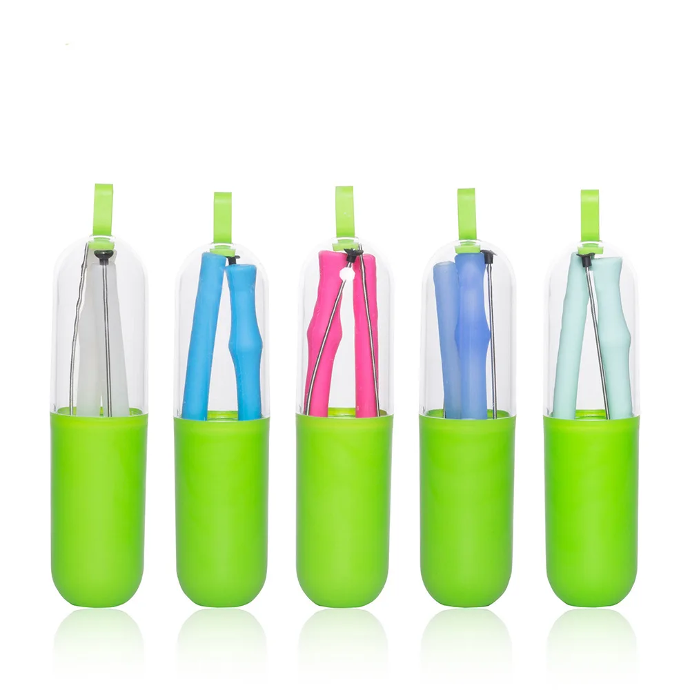 
Hot selling folding silicone food grade straws capsule set for children and portable easy to clean 