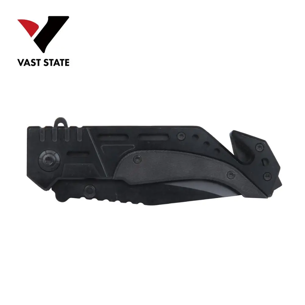 Black Rescue Tactical Folding Knife with Cutter and Glass Breaker