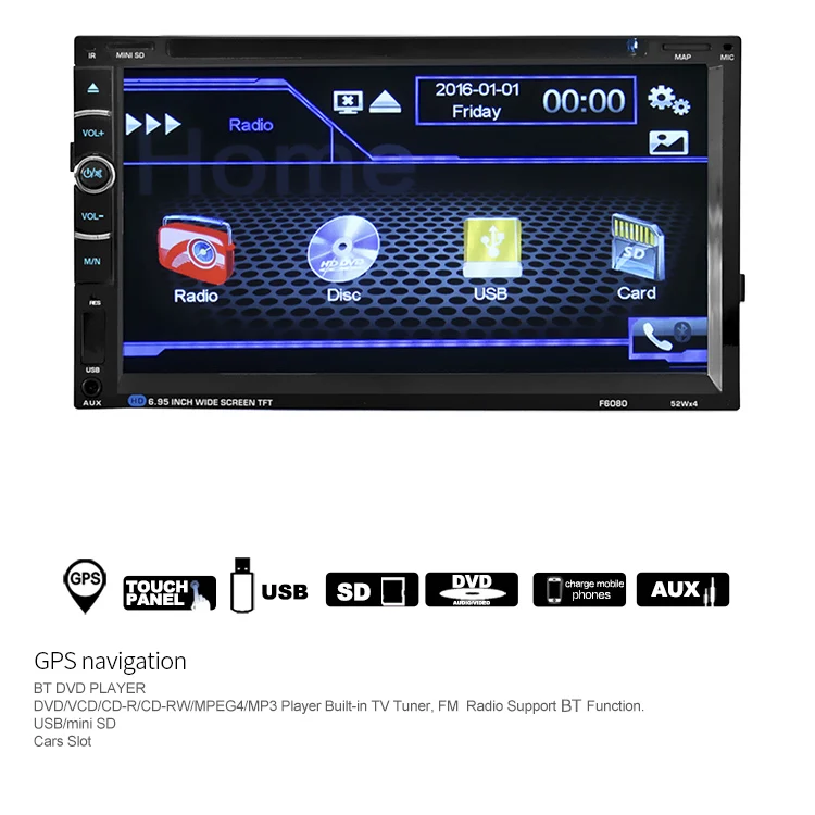 2 Din 6.95-inch Touoch Screen Universal GPS navigation Car DVD Player 6080