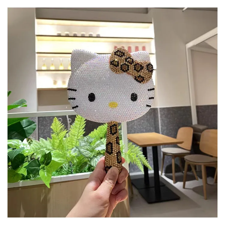 Hello Kitty Style Swivel Desktop Makeup Mirror Pocket Travel with Diamond Cosmetic Mirror Portable Handheld Mini Cute Mirror