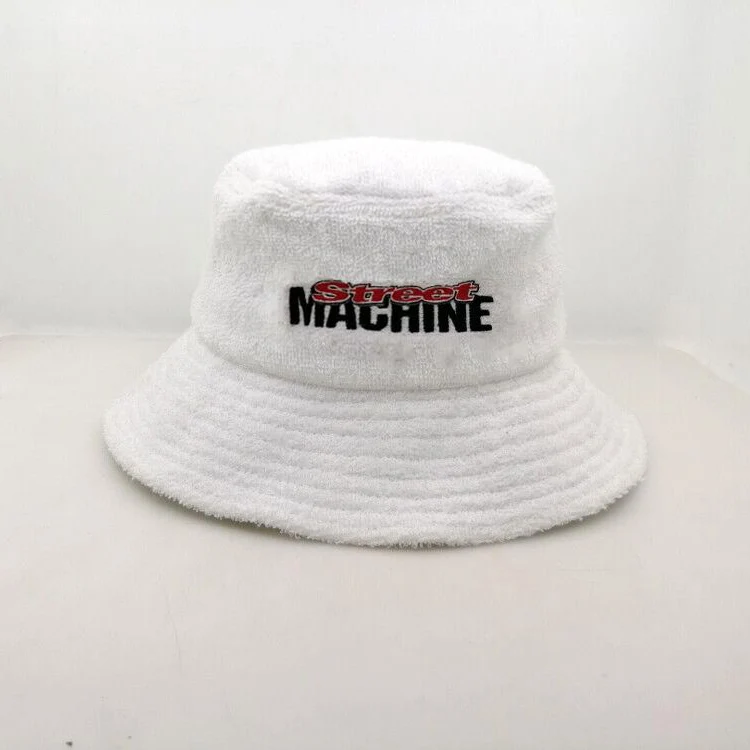 
custom white terry towel bucket hats with front embroidery hat 