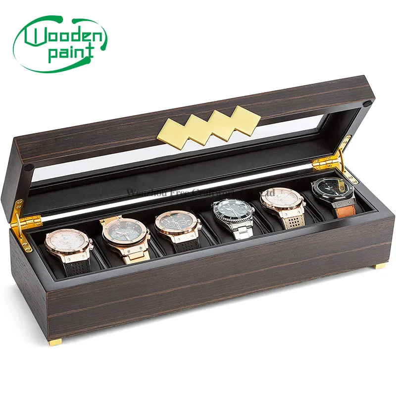 wholesale Luxury brown unfinished Stick to bark 6 slots Packaging Custom Logo Watch gift wooden box with glass window
