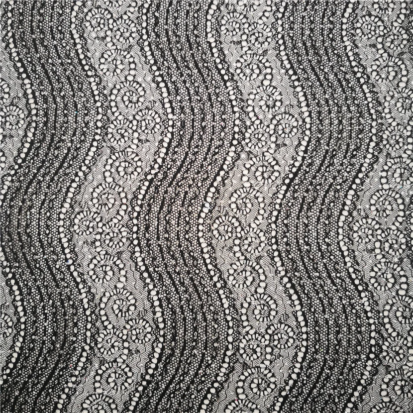 
Big wave cord elastic crochet stretch silver glitter new voile beaded Retro print pattern lace fabric for women clothes 