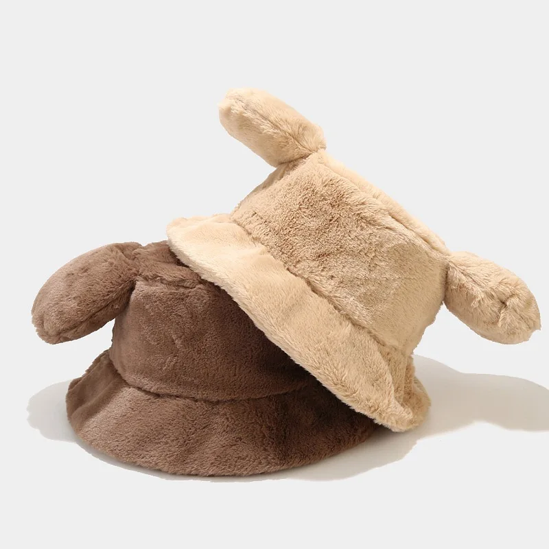 Пушистая зимняя женская панама на заказ, Повседневная шляпа от солнца с милыми кроличьими ушками для девушек
