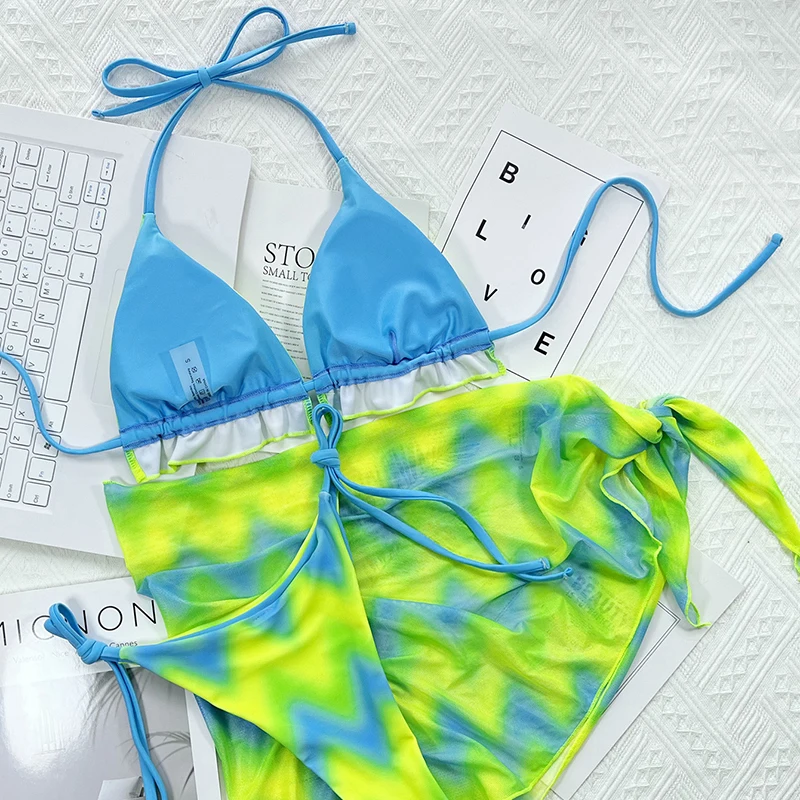 Tie Dye Halter Ruffled Triangle Bikini Female 3pcs Micro Swimsuit