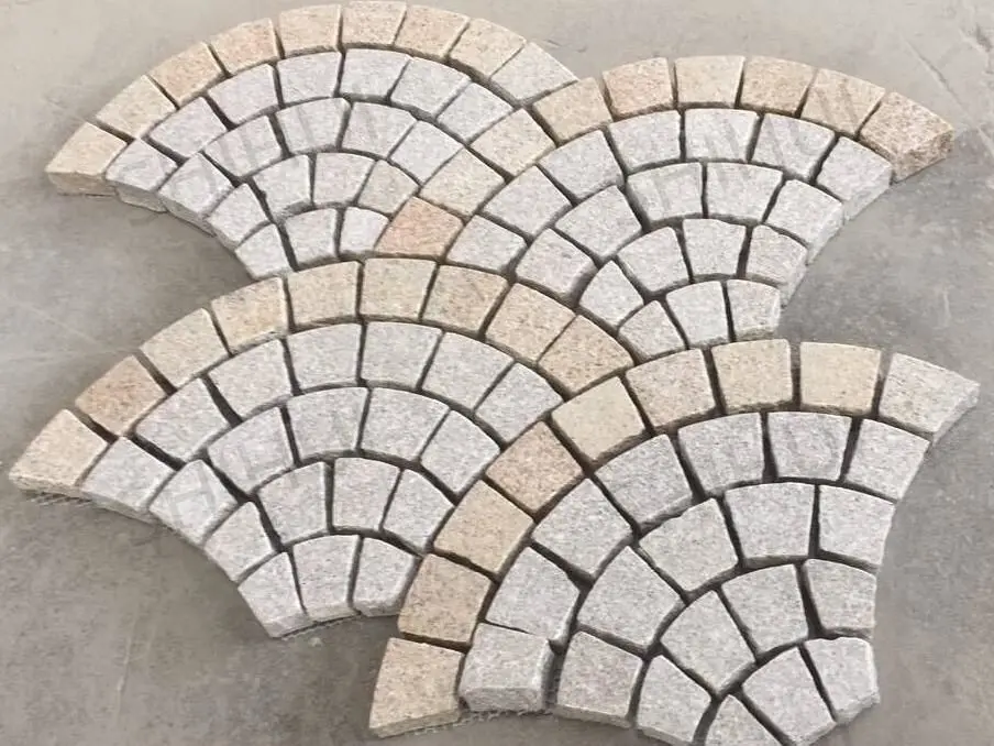 SHIHUI High Quality Natural Stone G681 G682 Granite Fan Pattern Flamed Surface Split Edge Paving Stone Cobblestone On Mesh