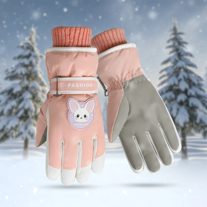 Winter Outdoor Full Palm Touch Screen Keep Warm Rabbit Pattern Waterproof Ski Gloves For Kids