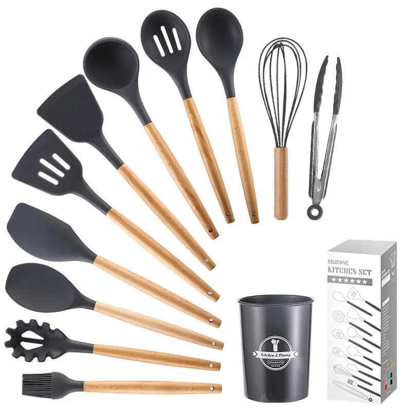 
12 pcs good quailty silicone kitchen ware utensils set cooking with Wood Handle Easy to clean 