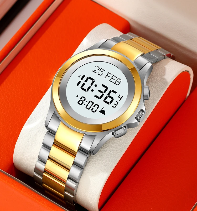 New Islamic Muslim Azan Watch Alfajr Stainless Steel Prayer Automatic Qibla Waterproof Watch Compass Direction Clock