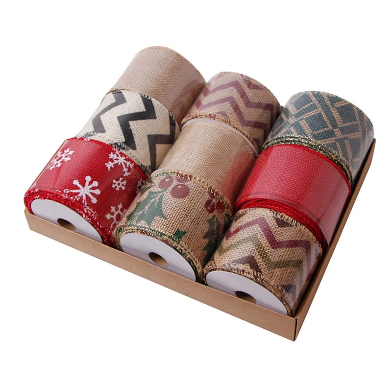 MSD factory 65mm wired fabric Christmas ribbon custom burlap printed ribbon Christmas ribbon wire edge for party decoration