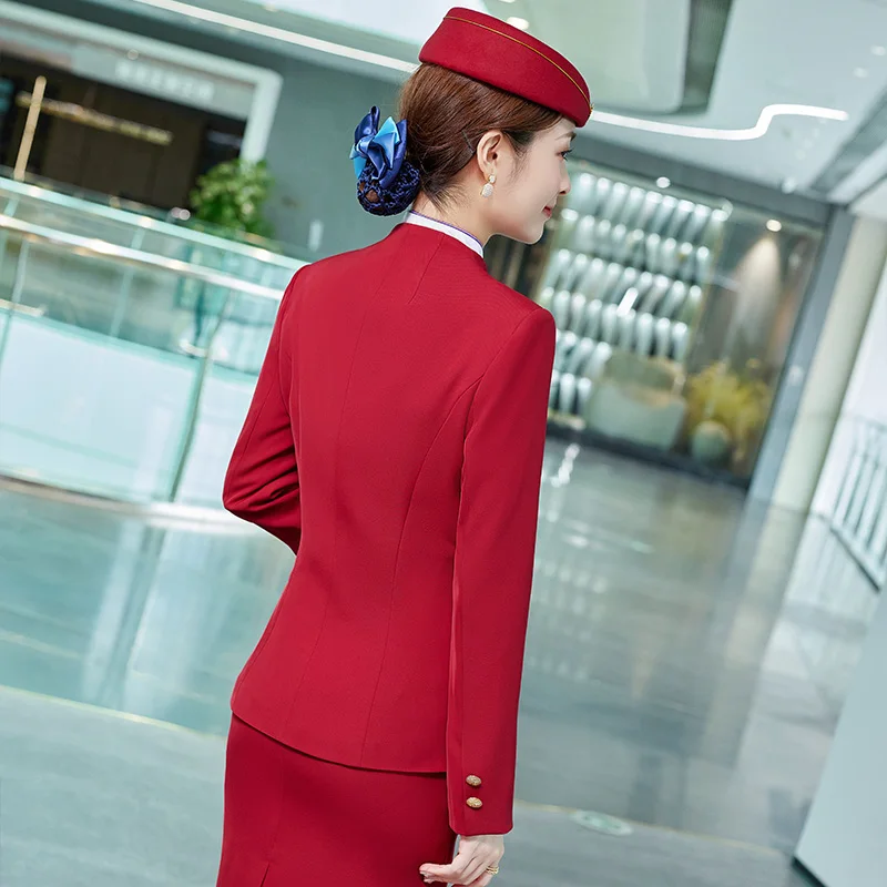 Classical blue red black color jacket suit shirt skirt set custom cabin crew Air Hostess airways stewardess uniform