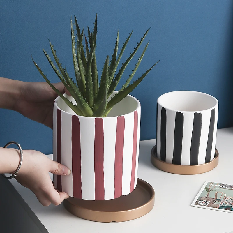 Wholesale home decoration cylinder shape hand drawing european flowerpot custom ceramic plants succulent pot with saucer