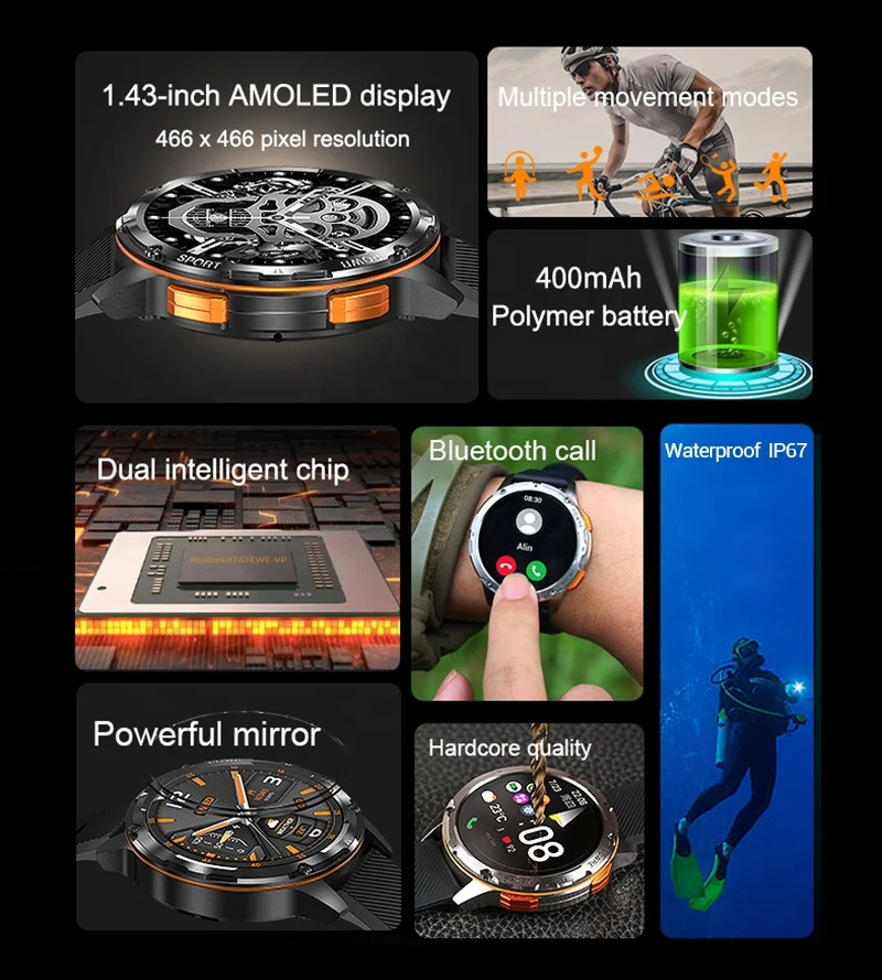 AK59 Smart Watch 2024 Outdoor Sports 1.43inch AMOLED BT Calling 400mAh Battery Health Heart Rate SpO2 Monitoring Smart Watch