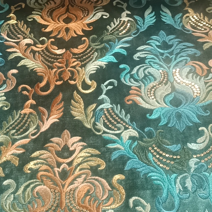 New Modern Embroidery  VELVET Curtain Fabric Luxury Upholstery Sequin Flowers Embroidered Fabric For Sofa