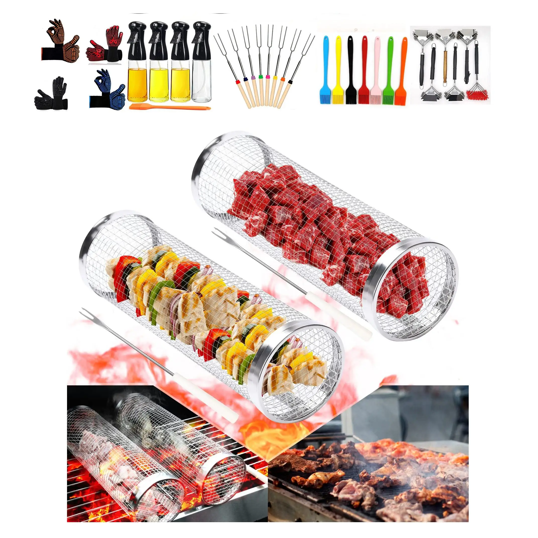 Hot Selling New Portable 304 Stainless Steel Round Net Tube Cylinder Outdoor Grilling Rolling BBQ Basket With LFGB Certificate