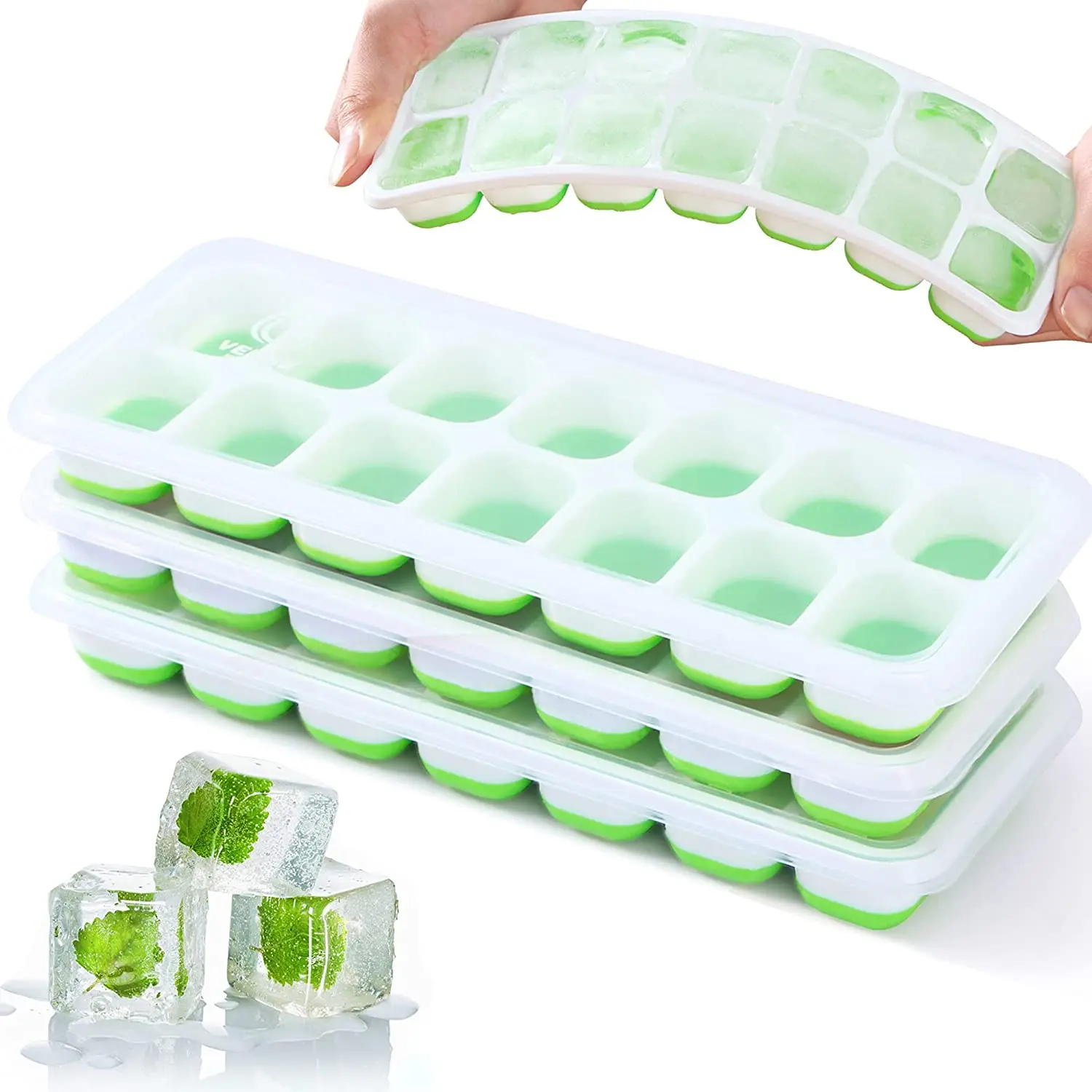 Ice Tray with Lid 4 Pack Reusable Silicone 14-Ice Trays Molds Easy-Release for Chilled Drinks Whiskey and Cocktails