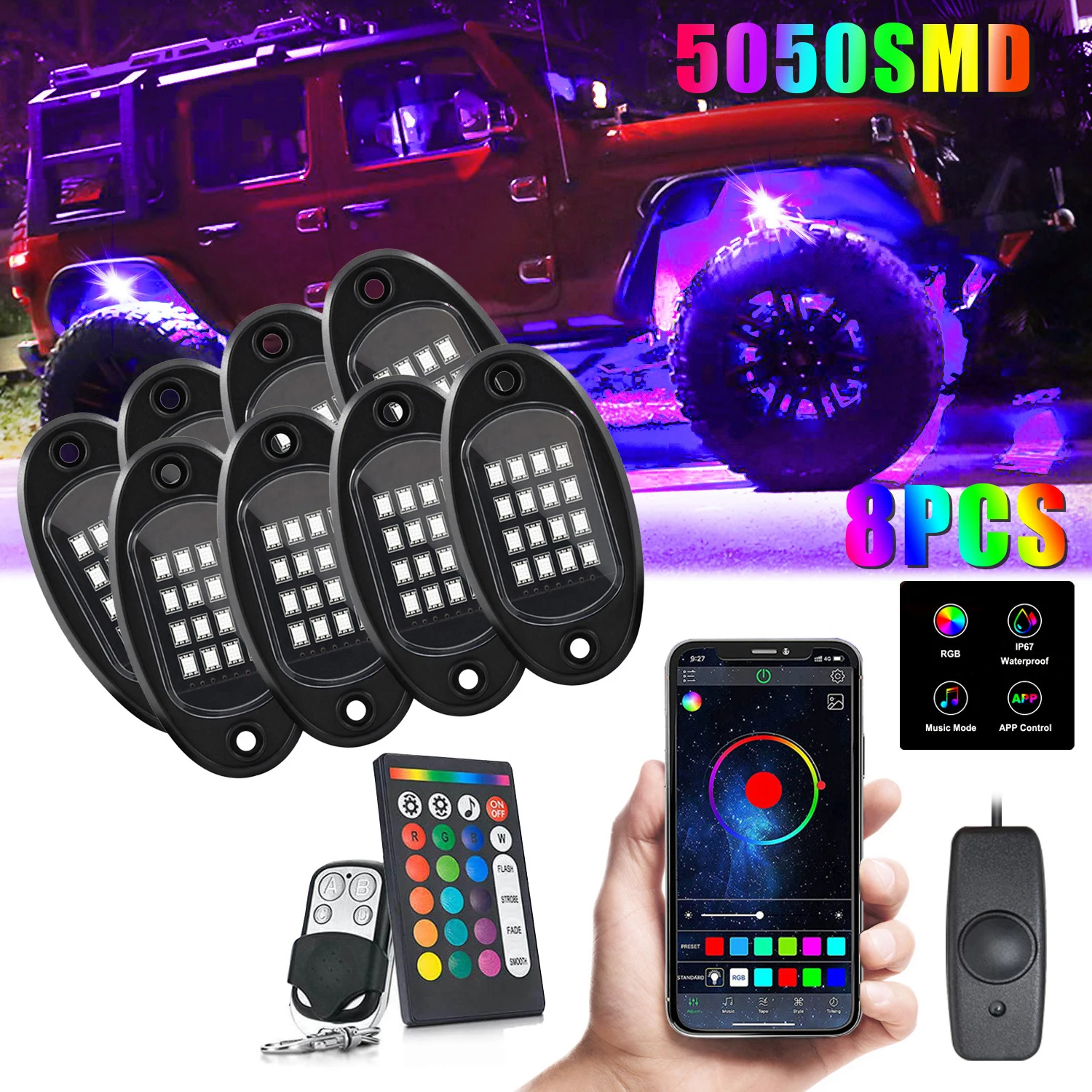Rock Lights for Trucks 4 6 8 Pods RGB LED Rock Lights with APP Remote Control & Music Mode High Bright Waterproof Neon Off Road