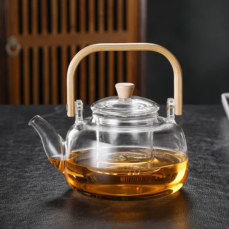 High Borosilicate Glass Wooden Lifting Handle Teapot Tea Boiling Heat-Resistant Water Jug