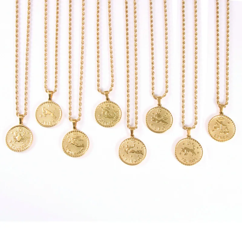 Горячая распродажа модное ожерелье с подвеской зодиака 18k позолоченный из нержавеющей стали круглый знак гороскоп