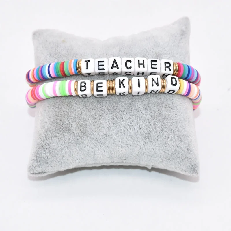 Wholesale Price! Boho Custom  Polymer Clay Beads Motivational Bracelets Brush Gold Spacers Blessed Name Words Stretch Bracelet