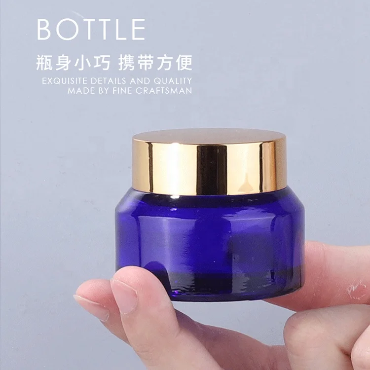 Inclined shoulder blue glass bottle 15 ml 30 ml 60 ml 100 ml 120 ml glass bottle and 15 g  30 g 50 g blue glass jar for cosmetic