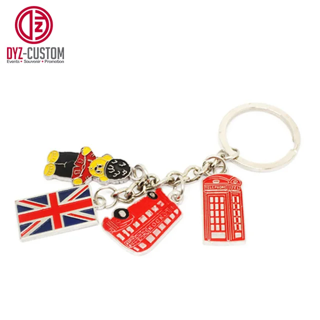 London Souvenir Metal Keychain Red Bus Telephone Box and Union Jack Charms Durable Zinc Alloy Keyring for Keys