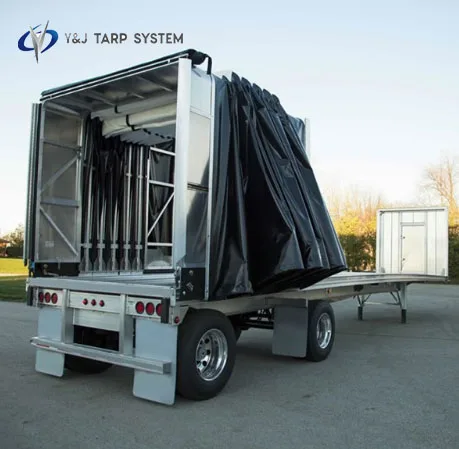 Custom light weight retractable sliding flatbed trailer tarping systems