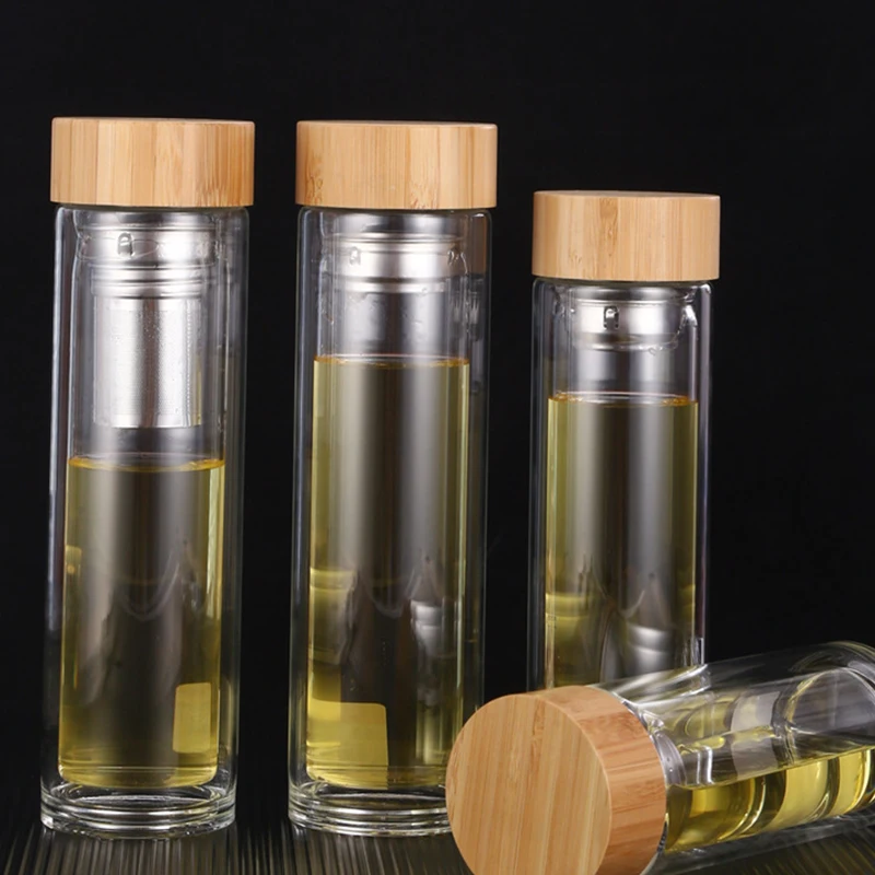 Customize 500ml Reusable Infuser Glass Tea Cup Clear Borosilicate Double Wall Glass Mug With Bamboo Lid