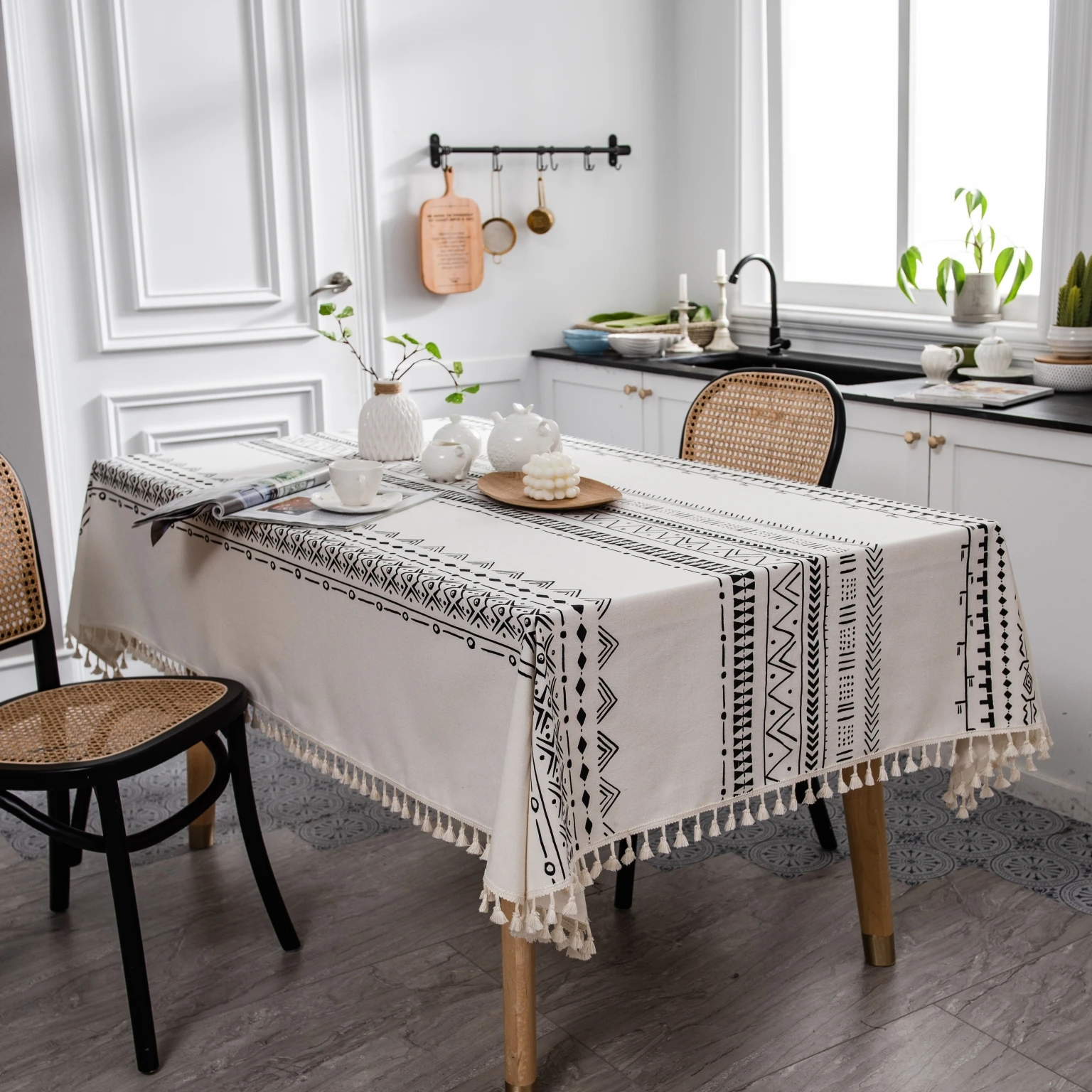 2022 new Bohemian fringed waterproof grease proof polyester tablecloth