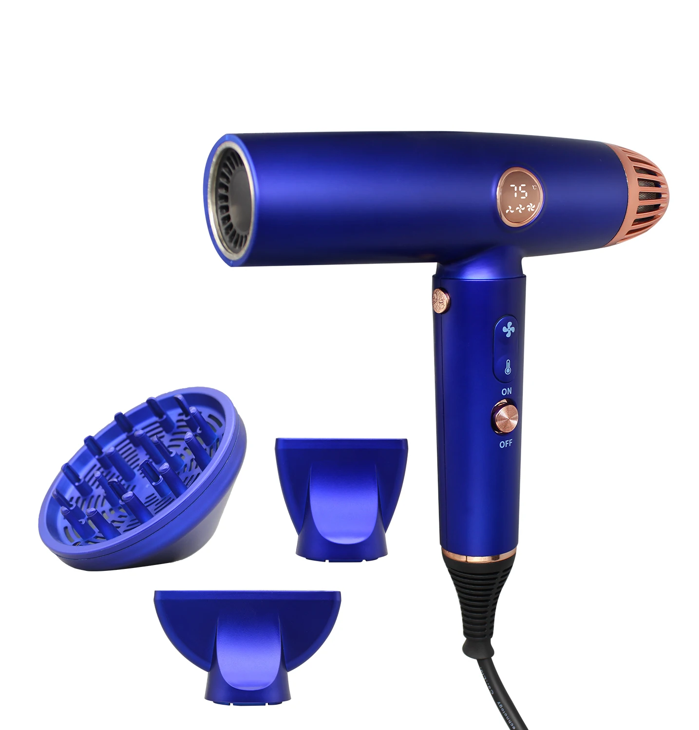 High speed 360 degree rotatable low noise hair dryer with 3 magnetic styling attachments for different hair types