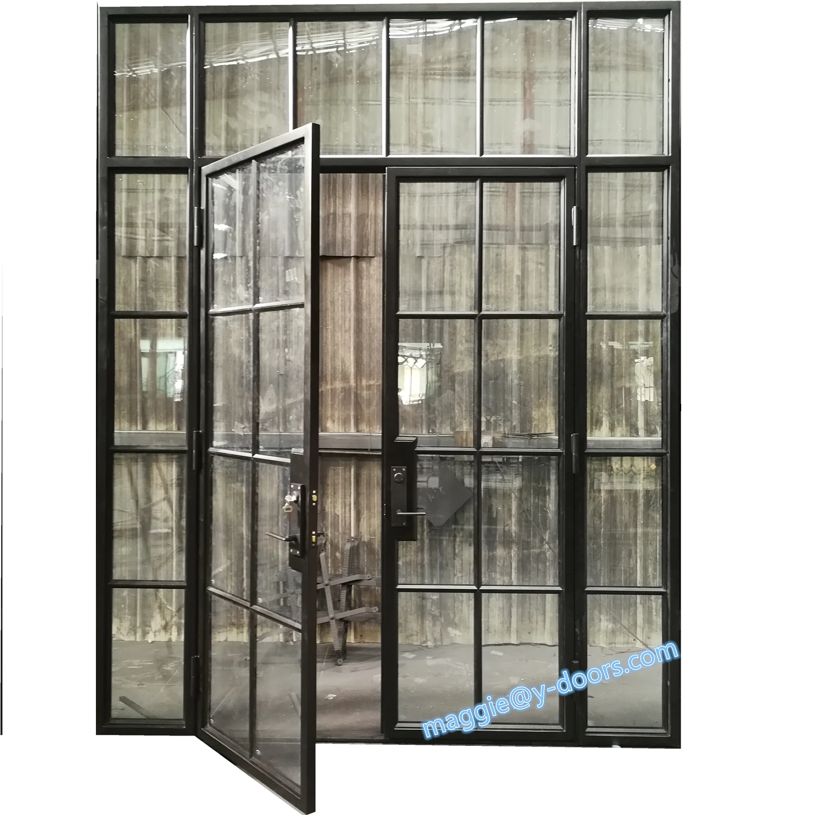 Modern iron french door steel double french glassdoor with sideight and transom