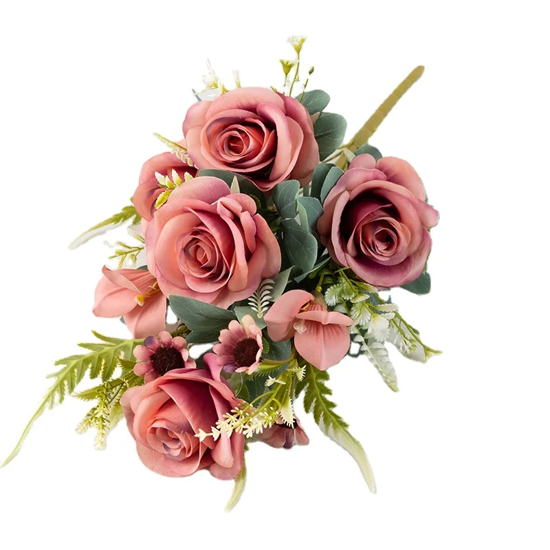 Hot Sale Artificial Rose Flowers Bouquet 11 Heads Fan Rose Bouquet For Wedding Decor